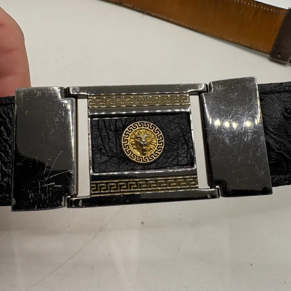 Vintage Lion Head Medusa Greek Key Black Ostrich‎ Leather Belt Size 38 Mens